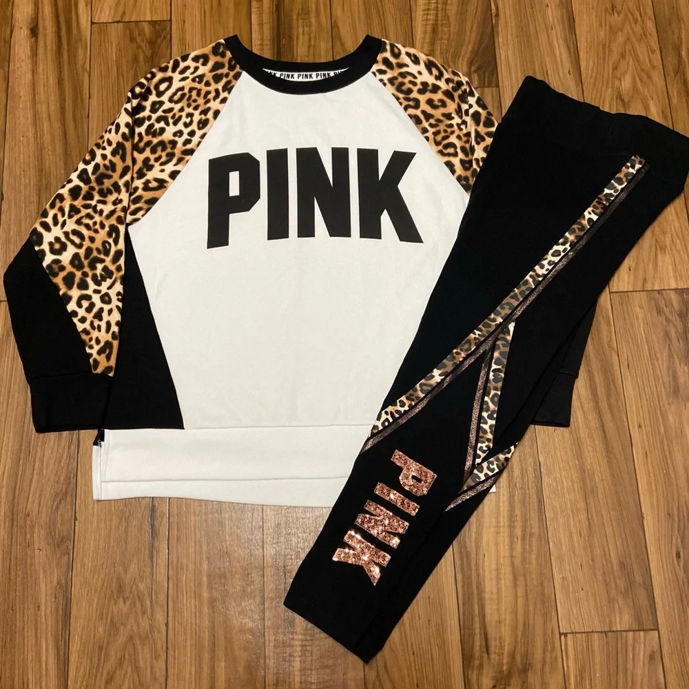 PINK VS COLOR BLOCK LEOPARD CAMPUS CREW PULLOVER W/ BLING LEOPARD YOGA LEGGINGS - Picture 4 of 10